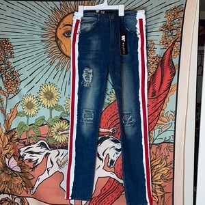 Blue jeans with stripes